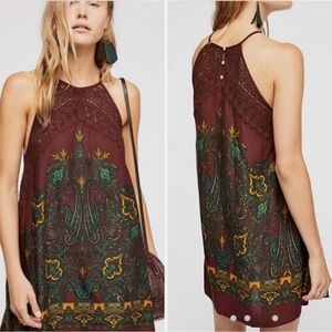 Free People Boho Bohemian Paisley Halter Dress with Crochet lace detail - small